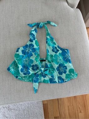 Zara Aqua and Teal Floral Tie-Front Halter Camisole